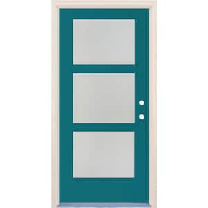 36 in. x 80 in. Left-Hand/Inswing 3 Lite Satin Etch Glass Reef Painted Fiberglass Prehung Front Door with 4-9/16" Frame