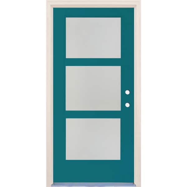 Builders Choice 36 in. x 80 in. Left-Hand/Inswing 3 Lite Satin Etch Glass Reef Painted Fiberglass Prehung Front Door with 4-9/16" Frame