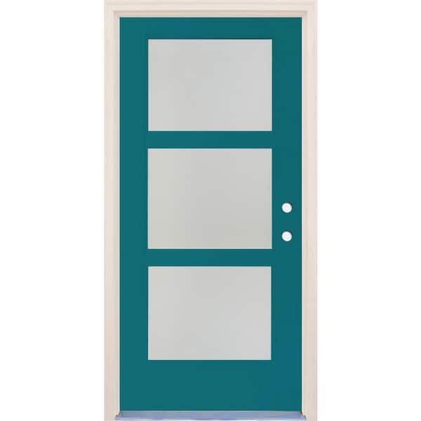 Builders Choice 36 in. x 80 in. Left-Hand/Inswing 3 Lite Satin Etch Glass Reef Painted Fiberglass Prehung Front Door with 6-9/16" Frame