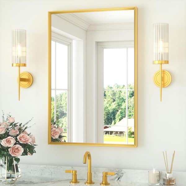 24 in. W x 36 in. H Rectangle Aluminum Framed Wall Bathroom Vanity Mirror in Gold