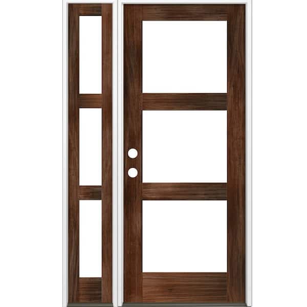 Krosswood Doors 50 in. x 96 in. Modern Hemlock Right-Hand/Inswing 3-Lite Clear Glass Red Mahogany Stain Wood Prehung Front Door with LSL