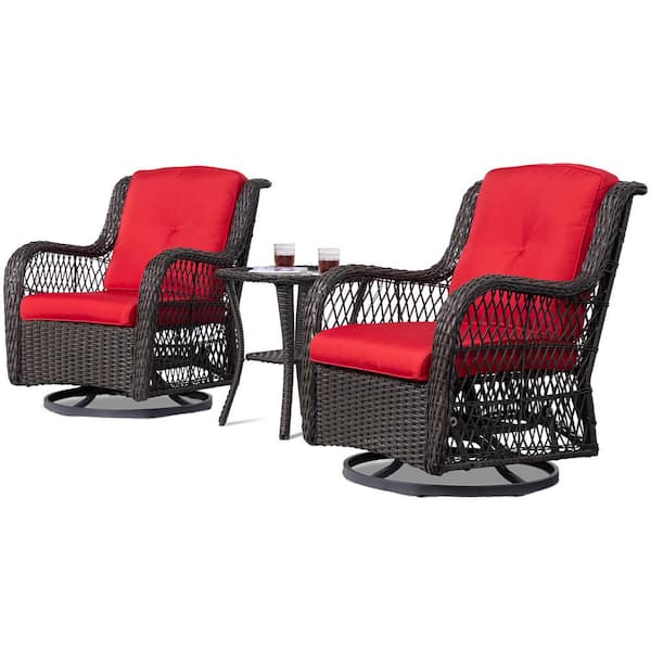 Unbranded 3-Piece Wicker Brown Swivel Outdoor Rocking Chairs Sets of 2 and Matching Side Table with Red Premium Fabric Cushions