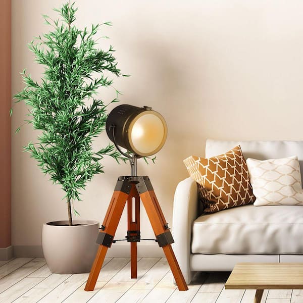 24 in. 1-Light Black Wood Adjustable Height Round Tripod Table Lamp for Living Room with Rotate Metal Shade Foot Switch