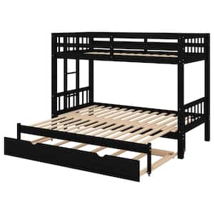 Espresso Twin over Twin Pull-out Bunk Bed with Trundle, Solid Wood Convetible Kids Bunk Bed with Pull-Out Trundle