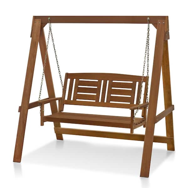 Furinno Tioman 2 Person Hardwood Teak Oil Patio Swing with Stand
