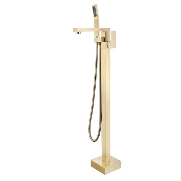 Flynama Single-Handle Freestanding Floor Mount Tub Faucet Bathtub Filler with Hand Shower in Brushed Gold