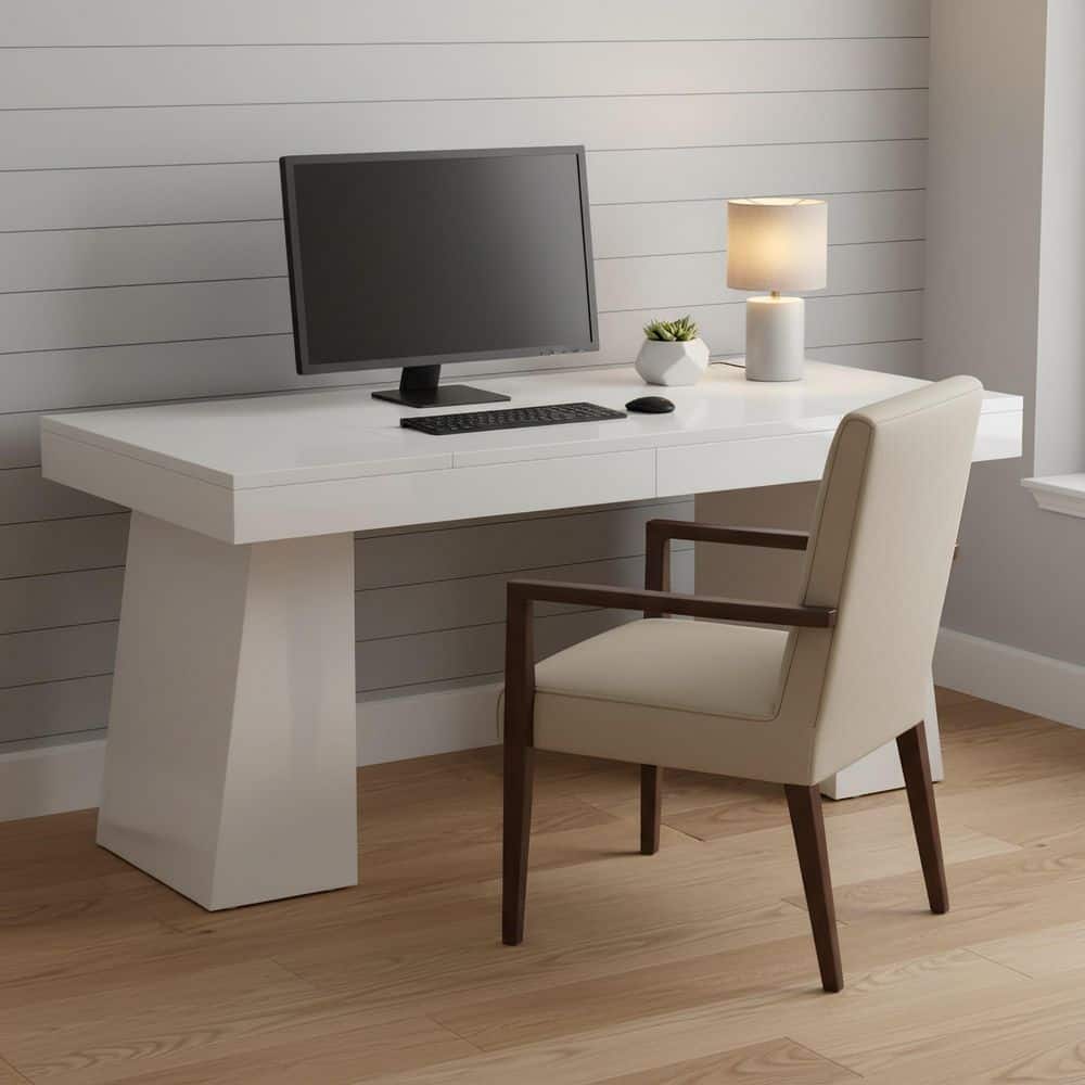 55.1 in. Rectangle White Wood Computer Desk, Modern Executive Desk Writing Table