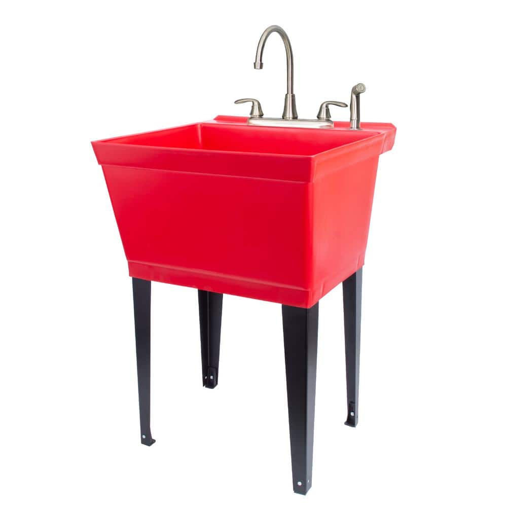 Red Freestanding Laundry Sink with Stainless Steel Faucet