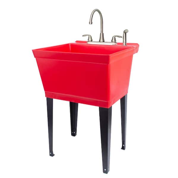 TEHILA 22.875 in. x 23.5 in. Thermoplastic Freestanding Red Utility Sink Set with Stainless Steel Metal Faucet and Side Sprayer