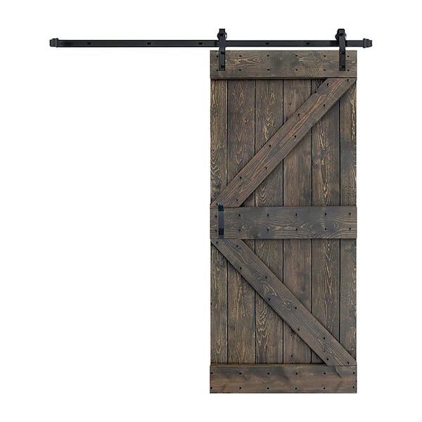 ISLIFE K Style 36 in. x 84 in. Aged Gray Finished Soild Wood Sliding Barn Door with Hardware Kit - Assembly Needed