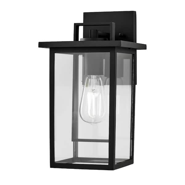 Hampton Bay Keswick 12.5 in. Modern 1-Light Matte Black Hardwired Outdoor Wall Light Lantern Sconce with Clear Glass