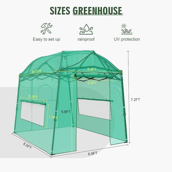 8.5 ft. x 7 ft. x 7 ft. Walk-in Greenhouse, Portable Pop-up with Adjustable Heights & Durable PE Cover
