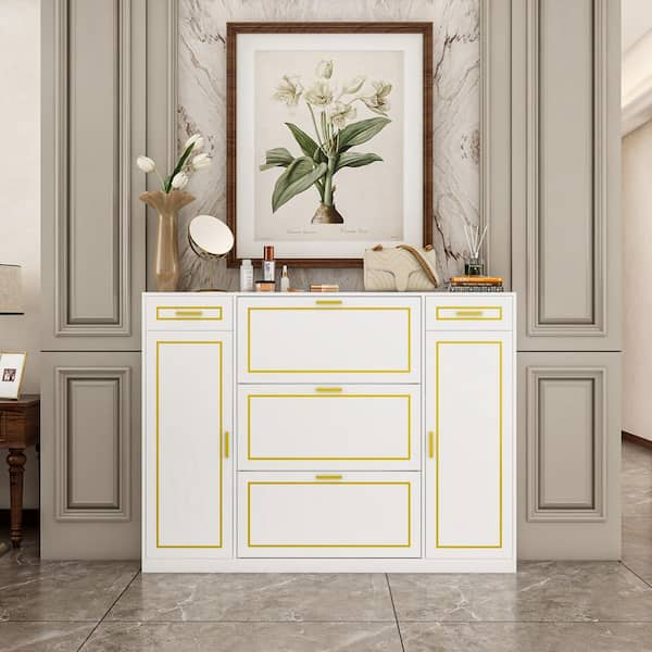 FUFU&GAGA White with Golden Pattern Wooden Storage Cabinet, Shoe 