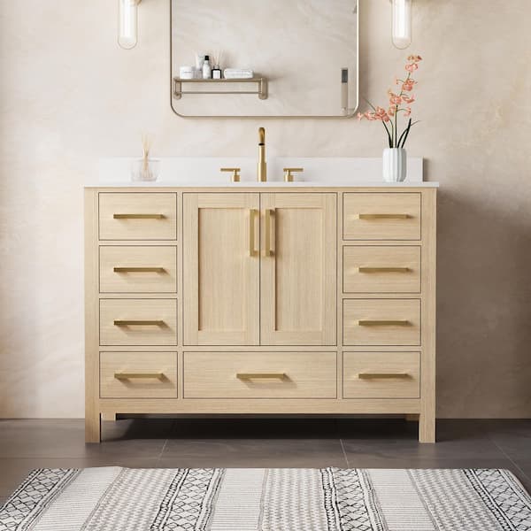 48 in. Solid Wood Fully Assembled Freestanding Oak Bath Vanity with Carrara White Cultured Marble Top,Soft-Close