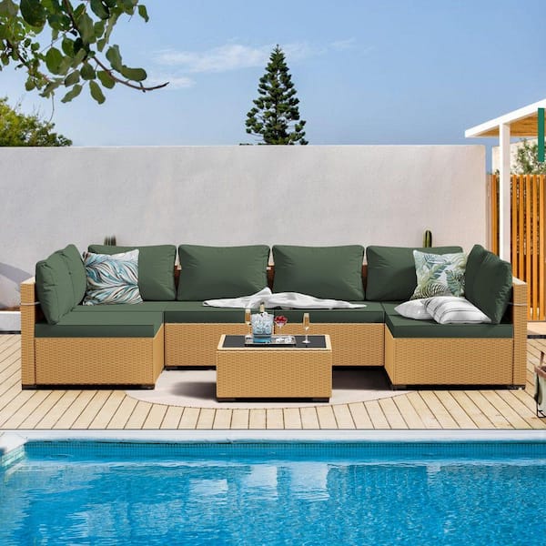 PATIOGUARDER 7-Piece Beige Wicker Patio Conversation Set with Pine Green Cushions and Coffee Table