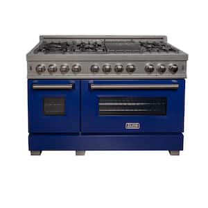 48 in. 7 Burner Double Oven Dual Fuel Range with Blue Gloss Door in Fingerprint Resistant Stainless Steel
