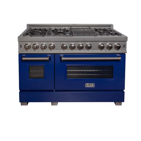 48 in. Legacy Dual Fuel Range with 7 Burners and 2 Electric Ovens in Satin Stainless Steel and Blue Gloss Doors