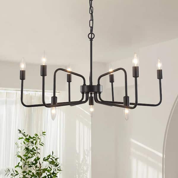 PAKOKULA 9-Light Black Linear Hanging Island Rustic Candlestick Chandelier for Living Room Kitchen Island