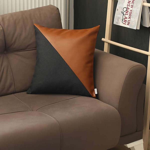 MIKE & Co. NEW YORK Bohemian Vegan Faux Leather Brown and Black 18 in. x 18 in. Square Solid Throw Pillow