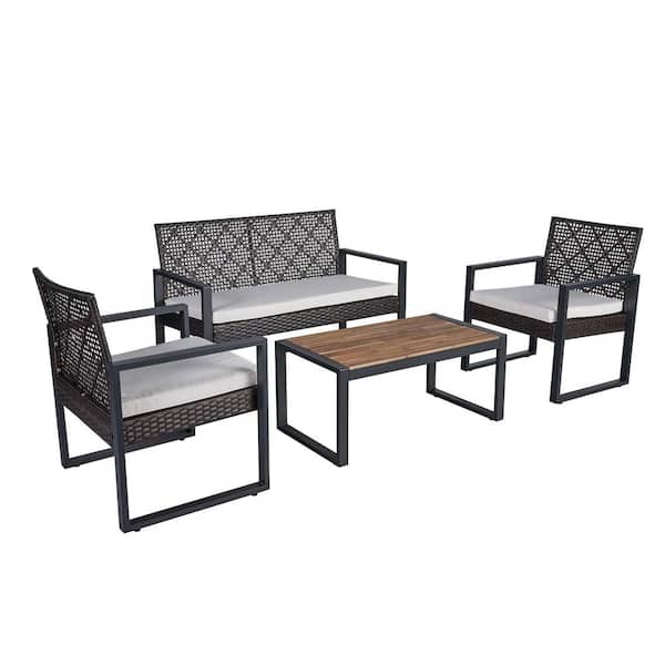 Unbranded 4-Piece Wicker Patio Conversation Set with Wood Table Top & Beige Cushions for Balcony, Porch, Garden, Backyard & Lawn
