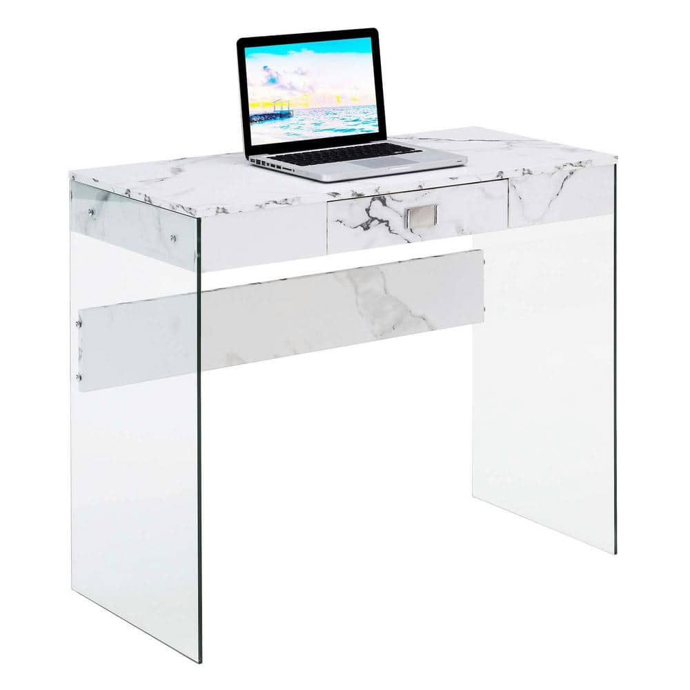 White Faux Marble and Glass Desk with Drawer, 36-inch