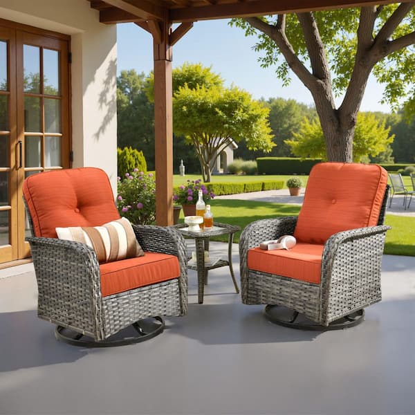 Noah Gray 3-Piece Wicker Outdoor Patio Conversation Furniture Set with Swivel Chairs, Side Table, Orange Red Cushions