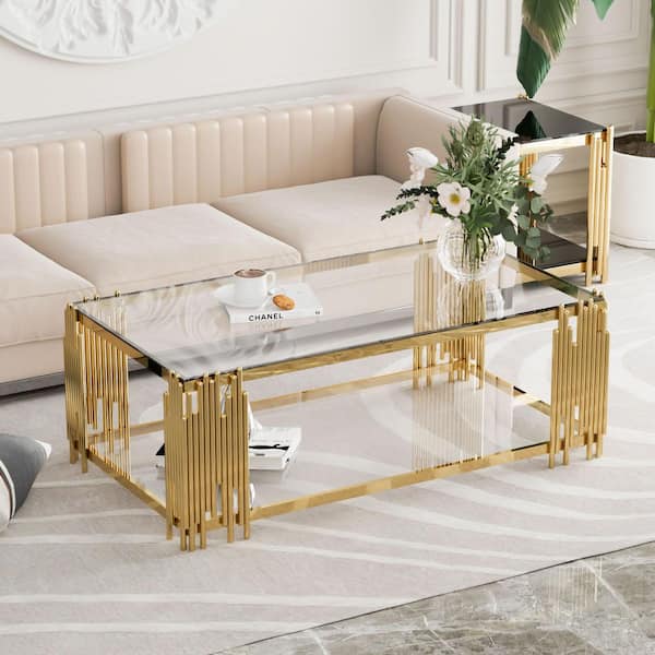51 in. Clear Rectangle Glass Coffee Table, Tempered Glass and Stainless Steel Legs, 2-Tier Center Table for Living Room