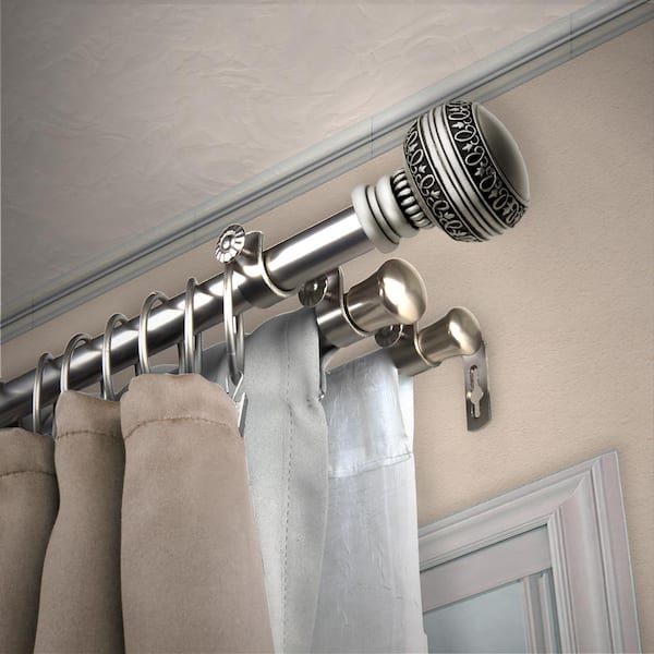 EMOH 13/16" Dia Adjustable 28" to 48" Triple Curtain Rod in Satin Nickel with Hudson Finials