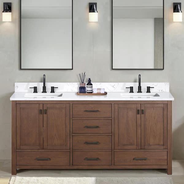 Modero 73 in. Double Sink Mocha Oak Bath Vanity with Cala White Engineered Stone Top