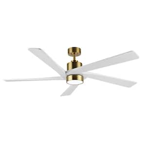 64 in. DC Indoor Ceiling Fan with Integrated LED and Remote Control, 5 Reversible Carved Wood Blades, Brass