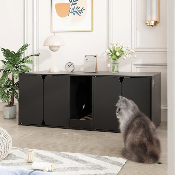 FUFU&GAGA Indoor Large Modern Wooden 4-Door Cat Washroom with Double Room, Cat Litter Box Enclosure Furniture for 2 Cats, Black
