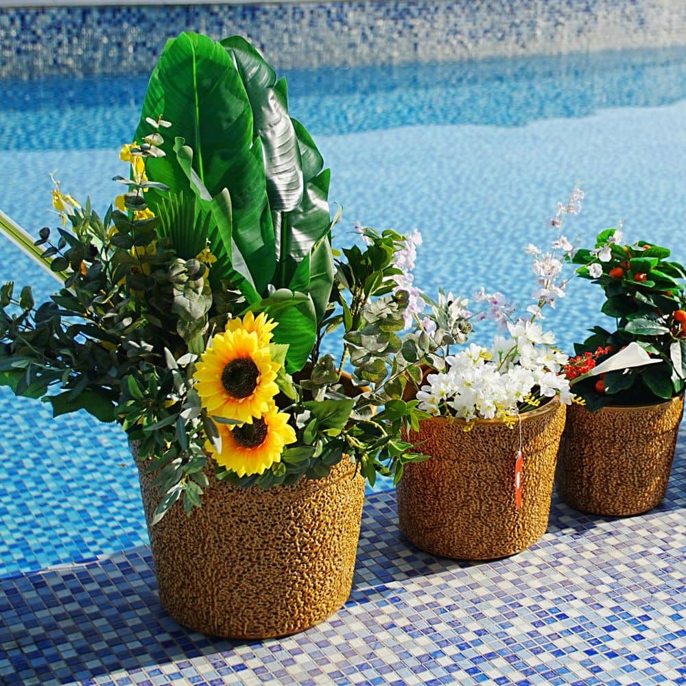 GOGEXX Set of 3 13 in. Flared Antique Yellow Ceramic Flower Pot