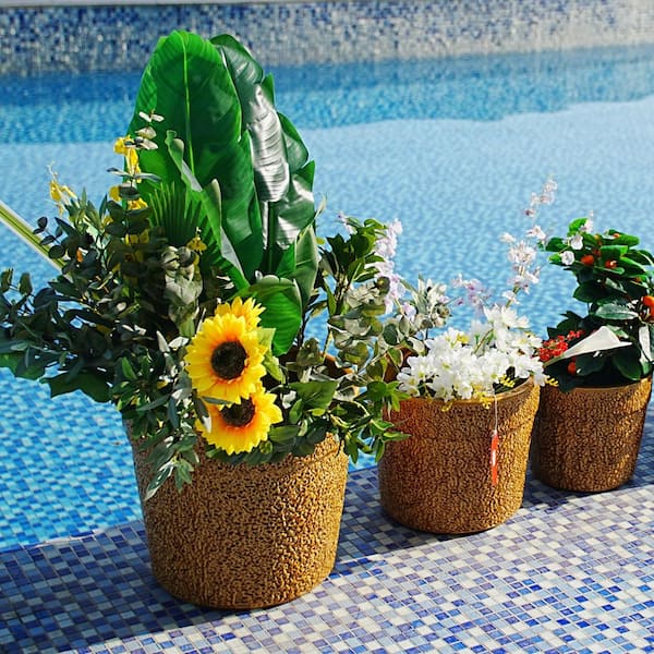 GOGEXX Set of 3 13 in. Flared Antique Yellow Ceramic Flower Pot