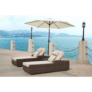 Moda Brown 3-Piece Wicker Patio Adjustable Chaise Lounge Set with Beige Cushions and Side Table