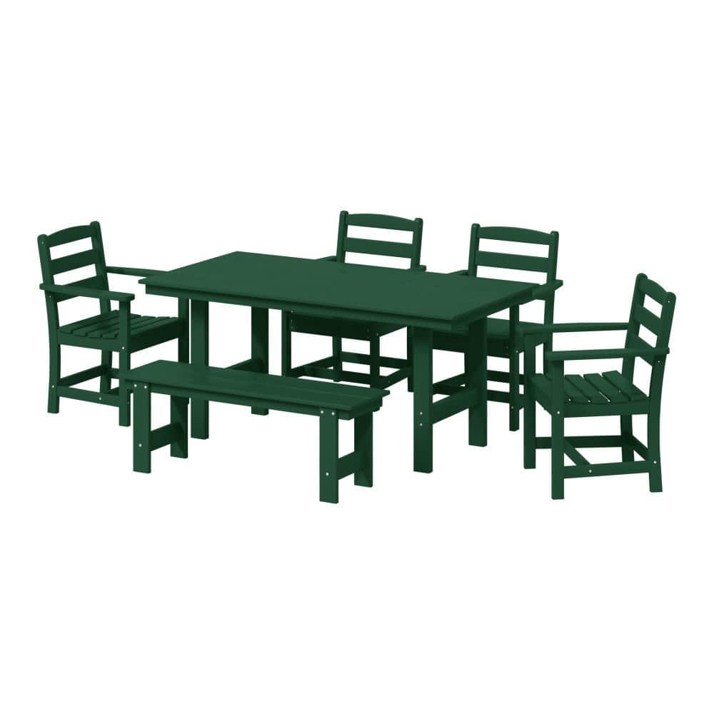 Shoreside 6-Piece All Weather HDPE Plastic Outdoor Patio Dining Set w/ Armchairs and Bench, Dark Green price history on PriceWatchPro
