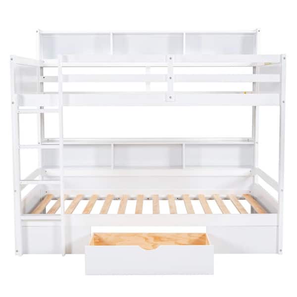 Angel Sar White Wood Twin Over Twin Bunk Bed with Storage Drawer and Six Compartments