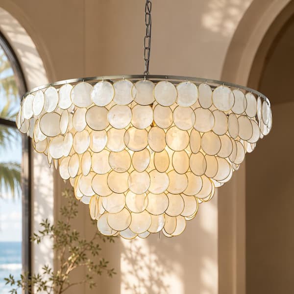 7-Light 30" Modern Coastal Aged Bronze Natural Capiz Shell Tiered Chandelier Vintage Glam Pendant Light