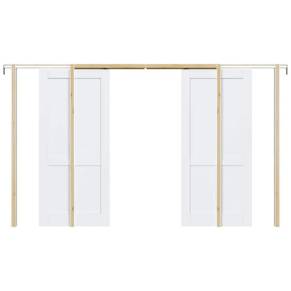 ARK DESIGN 72 in. x 80 in. White Primed 2 Lite Wood Door with Solid Core Sliding Pocket Door Frame with Hardware and Soft Close