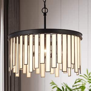 3-Light White Modern Drum Chandelier with Stained Glass Shade and Black Metal Finish Living Room Hanging Ceiling Light