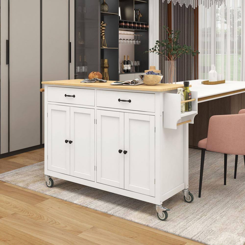 FAMYYT Rolling White Rubber Wood Desktop 54 in. Kitchen Island with ...