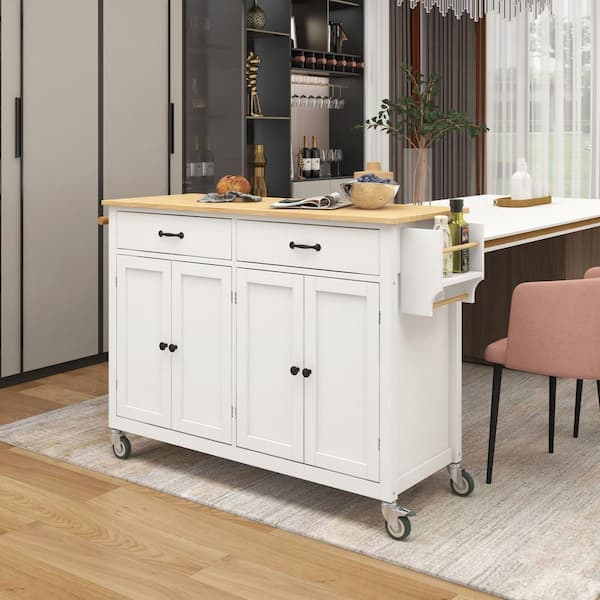 FAMYYT Rolling White Rubber Wood Desktop 54 in. Kitchen Island with Adjust Shelves and Wheels