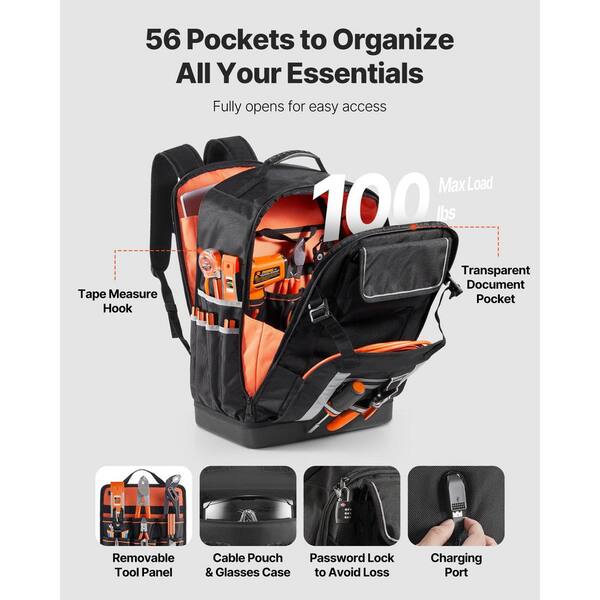 Tool Backpack, 56 Pockets, Heavy-duty Tools Storage Organizer Bags with Molded Base, Electrician Jobsite Backpack