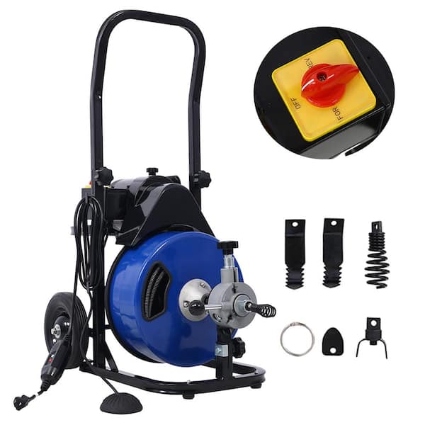 Electric Drain Auger 60ft. x 1/2 in. Drain Cleaner Machine & 4 Cutter and Foot Switch with Wheel for 1 in. to 4 in. Pipe
