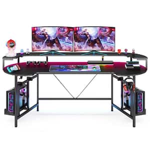 Halseey 75 in. Black Wood and Metal Computer Desk Writing Gaming Desk with Led Strip Monitor Stand