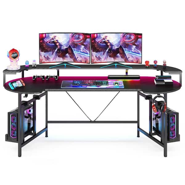 TRIBESIGNS WAY TO ORIGIN Halseey 75 in. Black Wood and Metal Computer Desk Writing Gaming Desk with Led Strip Monitor Stand