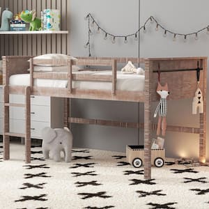 Distressed Style Natural Twin Size Wood Low Loft Bed with Hanging Clothes Racks, Built-in Ladder
