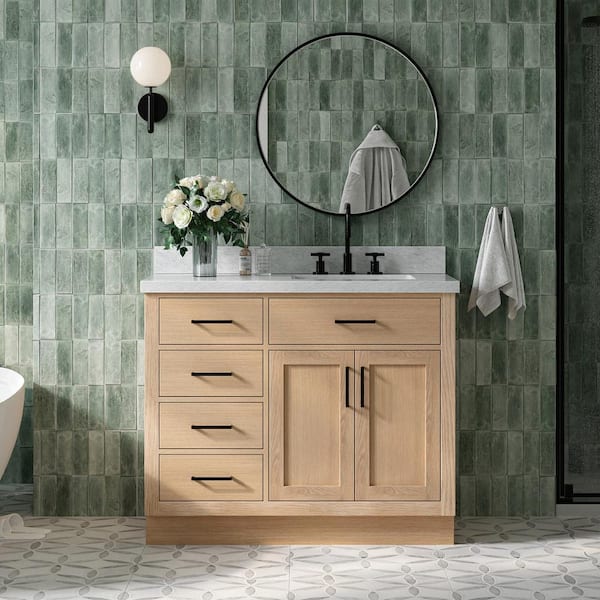 ARIEL Hepburn 43 in. W x 22 in. D x 36 in. H Single Freestanding Bath Vanity in Oak with Italian Carrara Marble Top