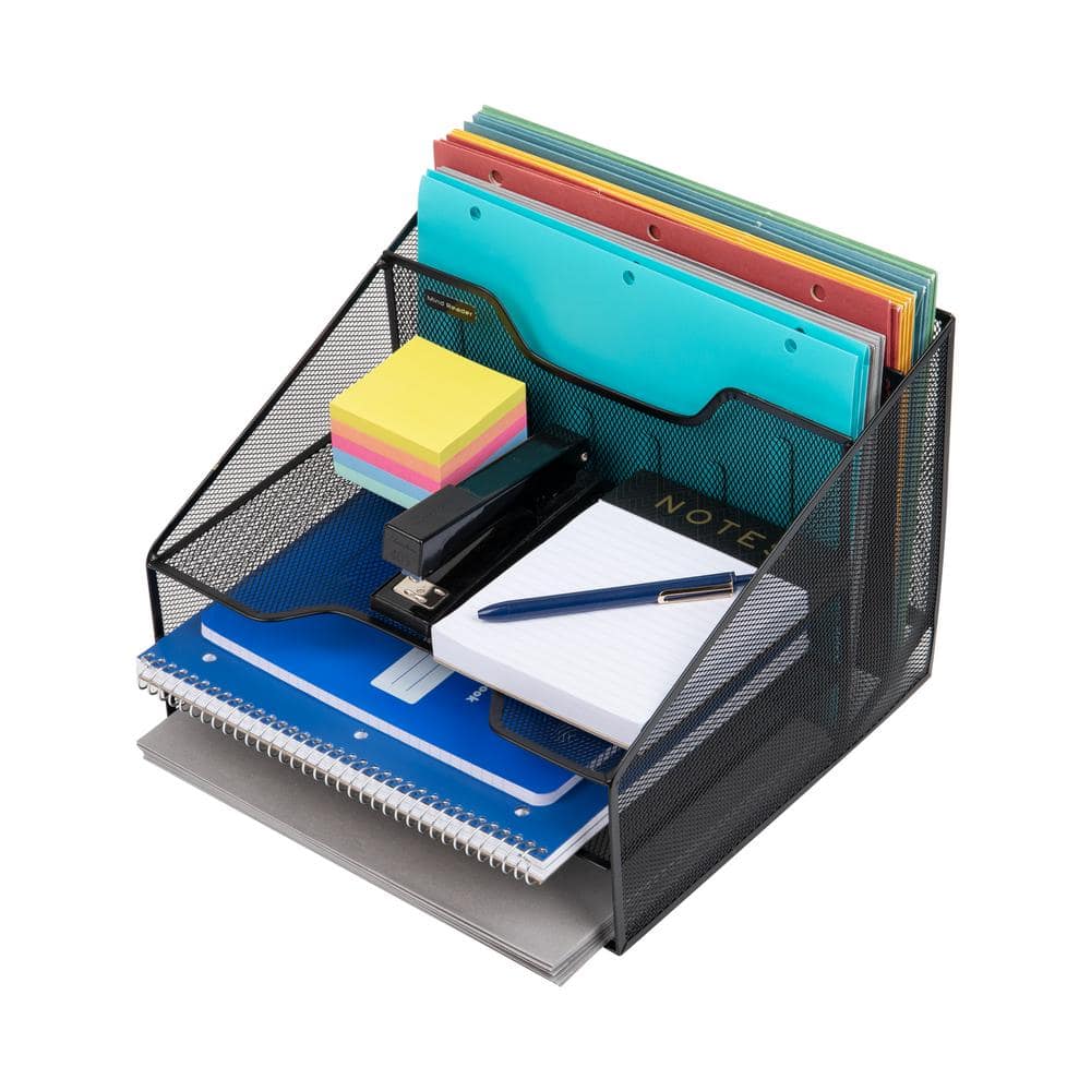 Black Metal Mesh 5-Compartment Stackable Letter Tray Organizer, 2-Pack