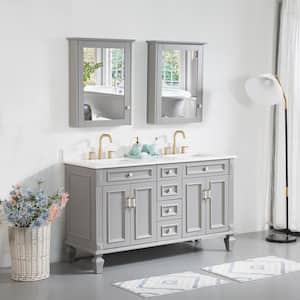 60 in. Solid Wood Bathroom Vanity With Double Sinks and 4 Drawers, Soft-Close Doors, Carrara White Quartz Top, Gray