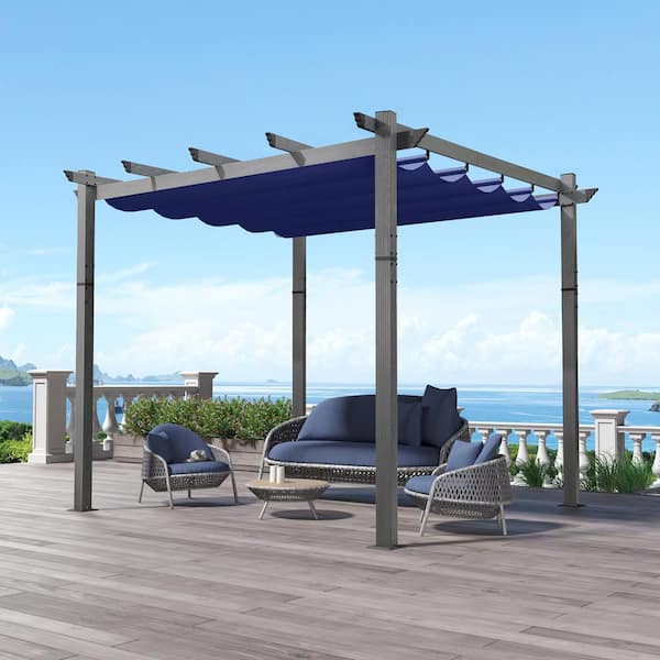 PURPLE LEAF 10 ft. x 10 ft. Navy Blue Aluminum Outdoor Retractable Pergola with Sun Shade Canopy for Garden Porch Beach Pavilion